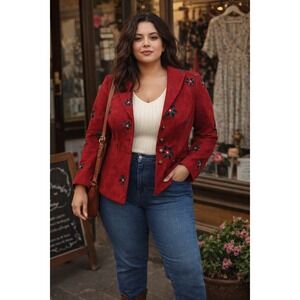 Collectif Vintage embroidered floral jacket size XL / US 14 red folk art blazer